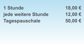 1 Stunde jede weitere Stunde Tagespauschale    18,00 € 12,00 € 50,00 €